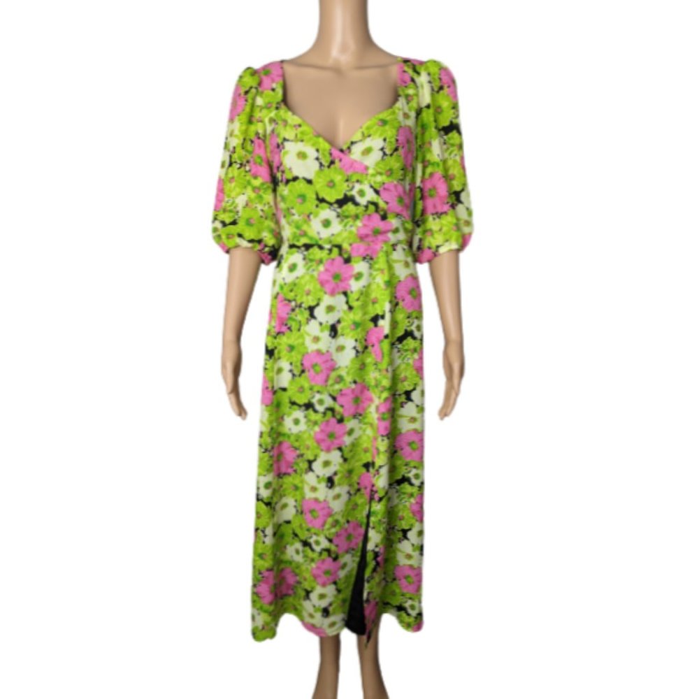 Wayf Vibrant Green and Pink Floral Midi Dress